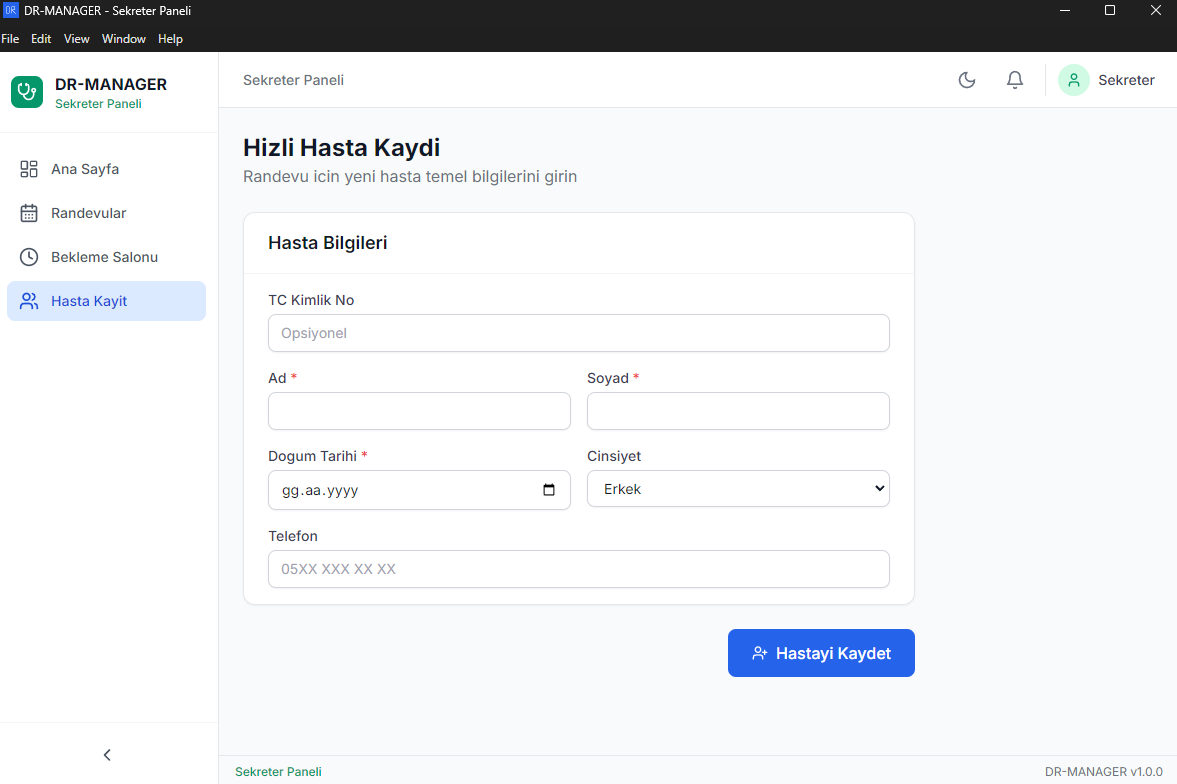 Doktor & Hasta Yönetim Sistemi + SEKRETER PANELİ Senkronize (Masaüstü Windows Yazılım)